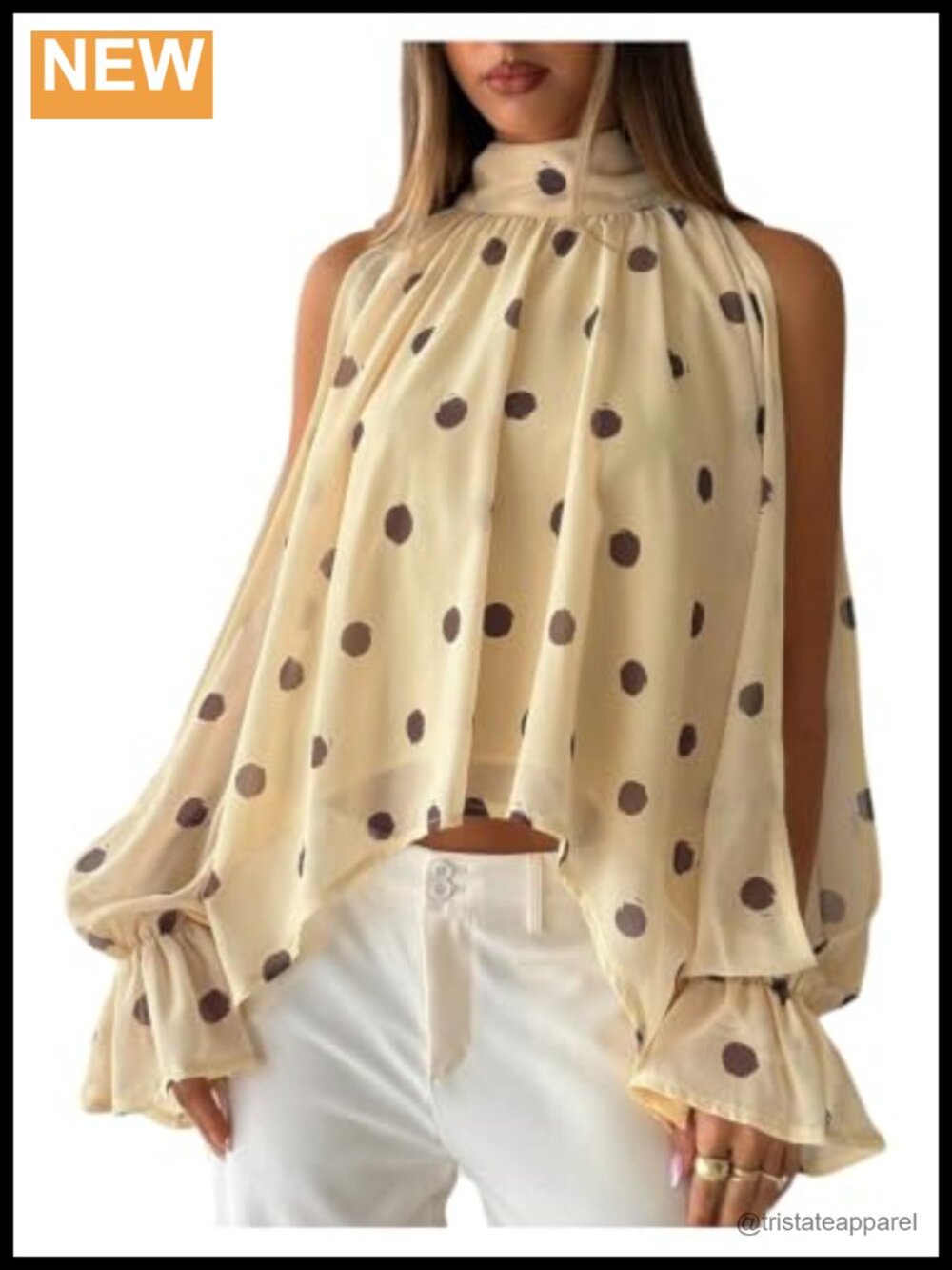 Polka Dot Ruffle Halter Top Chiffon Blouse Long Sleeve Dressy